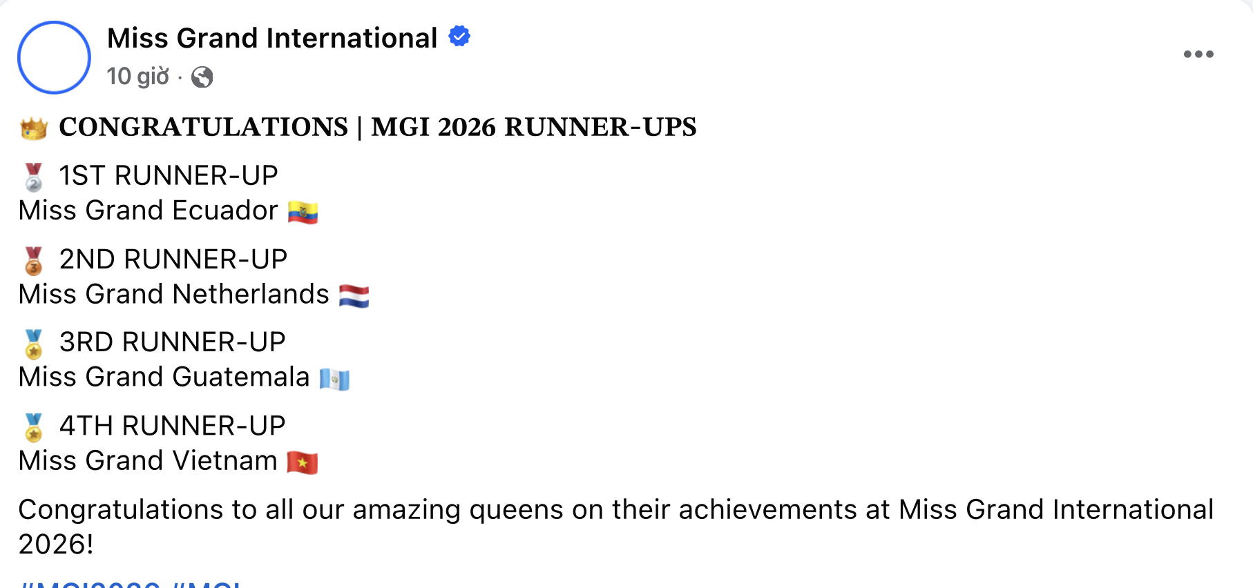 Fanpage Miss Grand International sửa nhầm thứ hạng của Emoura Phạm sau chung kết