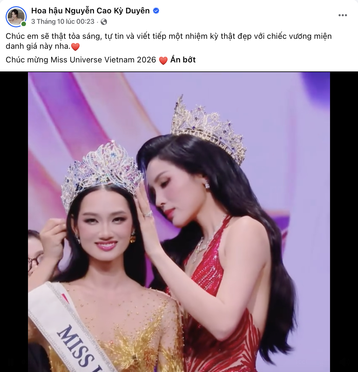 Hoa hậu Quỳnh Anh và Kỳ Duyên bất ngờ thành tâm điểm bàn luận sau chung kết Miss Universe Vietnam 2026